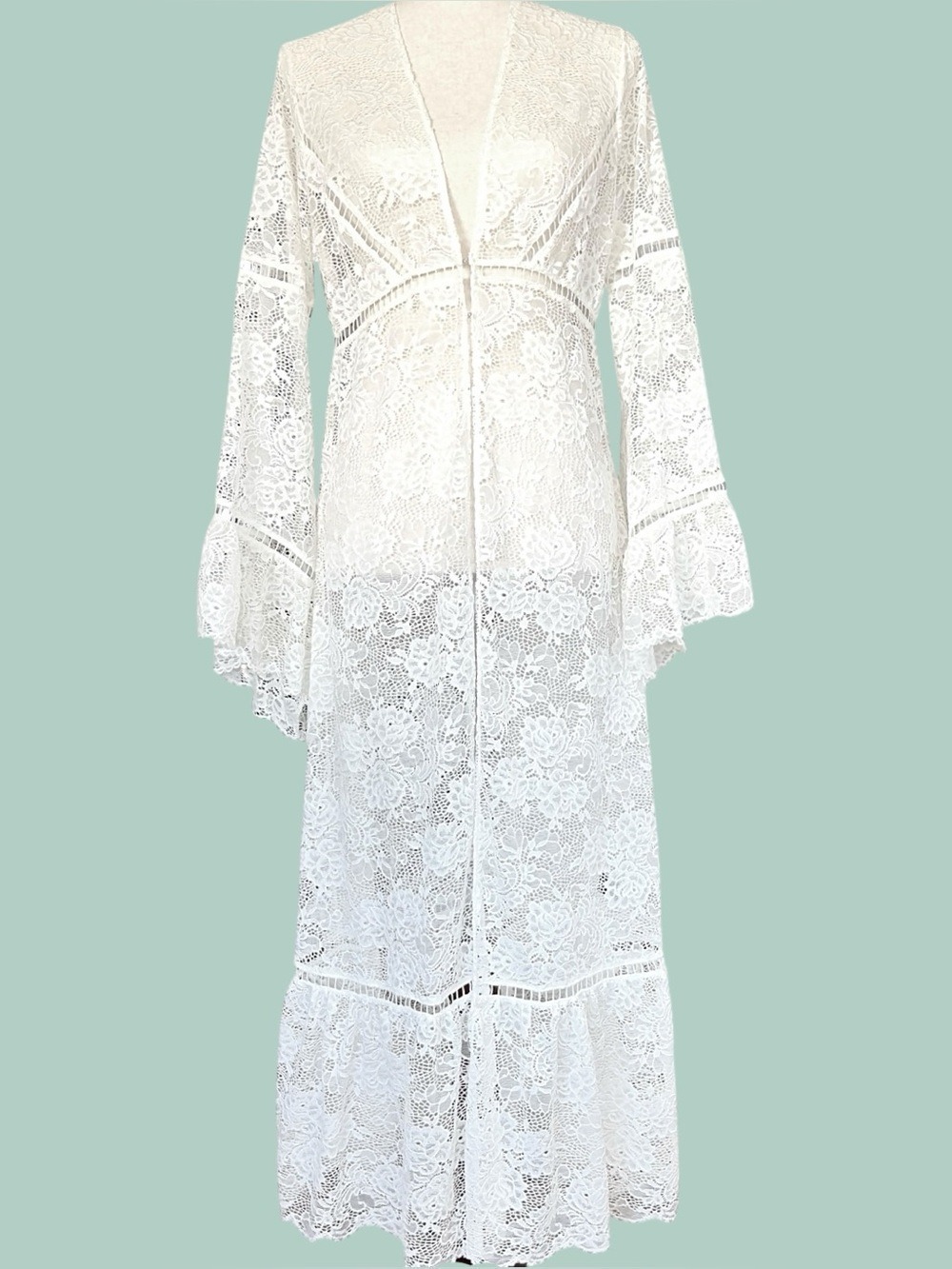 Curation Ivory Sheer Lace Heirloom Maxi S Pagoda Sleeve Festival Duster Top - Picture 7 of 12